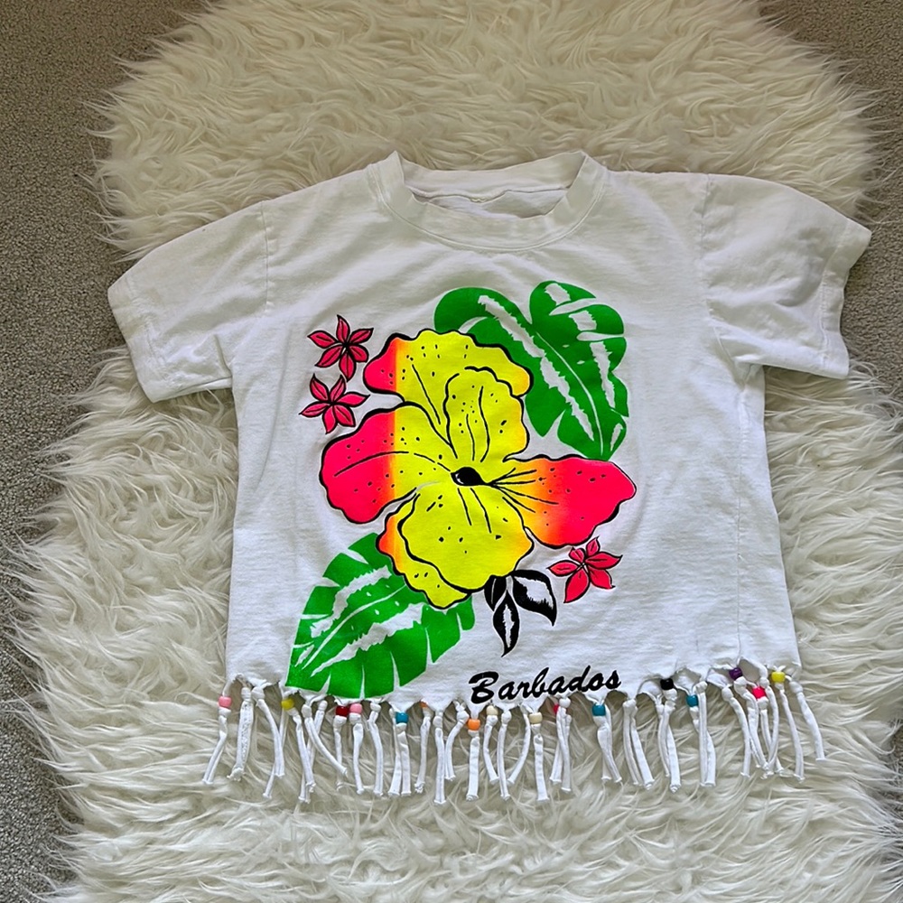 Vintage 90’s Barbados Graphic Neon Floral Beach Girls Top w/Fringe & Beading